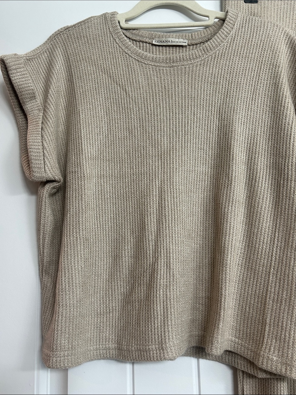 Zenana Waffle Knit Two-Piece Loungewear Set - Taupe/ Size Small - Picture 2 of 10